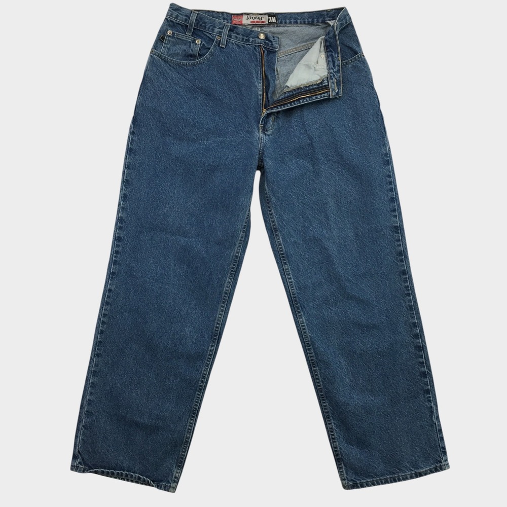 VINTAGE Bugle Boy Y2K Looser Fit Baggy Wide Leg Blue Denim Jeans Mens Fits 34x32